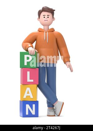 3D-Illustration des männlichen Guy Qadir, der sich mit dem Wort Plan gegen Würfel lehnt, 3D-Rendering auf blauem Hintergrund. Stockfoto