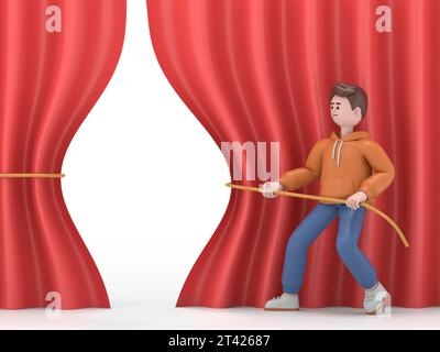 3D-Illustration des männlichen Guy Qadir Hände ziehen Seil rotes Tuch. Großartiges Eröffnungskonzept. Zeremonie, Feier, Präsentation und Veranstaltung. 3D-Rendering auf Wi Stockfoto