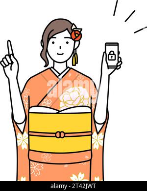 Hatsumode bei Neujahrs- und Coming-of-Age-Zeremonien, Abschlusszeremonien, Hochzeiten usw., Frau in Furisode, die Sicherheitsmaßnahmen für ihr Telefon ergreift, Stock Vektor