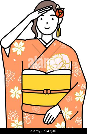 Hatsumode bei Neujahrs- und Coming-of-Age-Zeremonien, Abschlusszeremonien, Hochzeiten usw., Frau in Furisode, die in die Ferne schaut, Vector Illust Stock Vektor