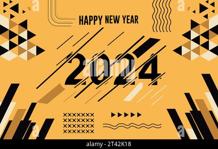 Appy New Year 2024 Banner mit Text Kalligraphie Hintergrund und geometrisch abstrakt Retro modernes farbenfrohes Design . Stock Vektor