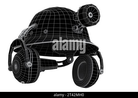 Schutzhelm oder Schutzkappe mit Taschenlampe und Ohrhörerschützer isoliert auf weißem Hintergrund. 3D-Renderkonzept von Schichten sichtbarer und unsichtbarer Linien Stockfoto