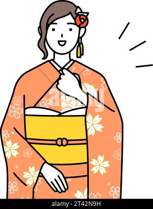 Hatsumode bei Neujahrs- und Coming-of-Age-Zeremonien, Abschlusszeremonien, Hochzeiten usw., Frau in Furisode klopft ihre Brust, Vektor-Illustration Stock Vektor