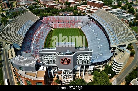 Aus der Vogelperspektive auf ein modernes Stadion von einem Hügel, mit üppigem grünem Gras und einem Feld in der Mitte Stockfoto