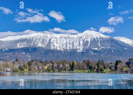 Der Bleder See und schneebedeckte Berge im Hintergrund Stockfoto