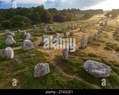 Carnac-Linien am frühen Morgen (Kermario-Alignments, Carnac (56340), Morbihan (56), Bretagne, Frankreich). Alignements de Carnac. Stockfoto