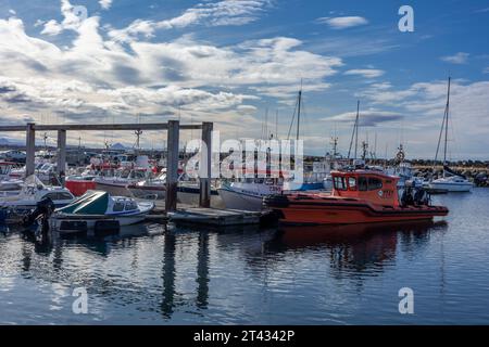 Reykjavik, Island - 25. September 2023: Bunte Fischerboote und Segelboote im Hafen von Karsnes, Kopavogur. Stockfoto