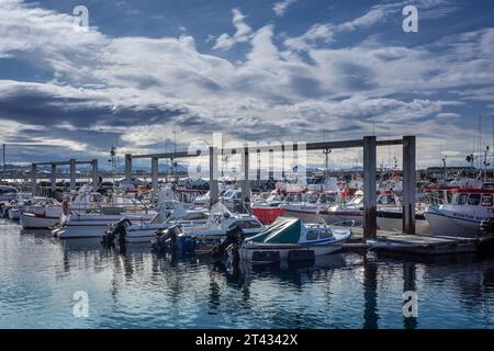 Reykjavik, Island - 25. September 2023: Bunte Fischerboote und Segelboote im Hafen von Karsnes, Kopavogur. Stockfoto