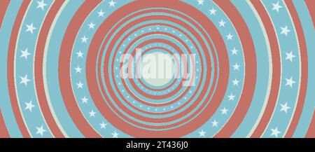Abstraktes Retro-Bannerdesign in US-Farben, Sternen und runden Streifen. Hintergrund des Unabhängigkeitstags Stock Vektor