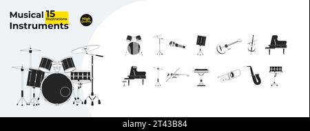 Musikinstrumente schwarz-weiße 2D-Zeilenobjekte bündeln sich Stock Vektor