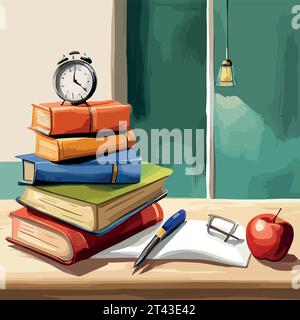 Zurück zur Schule stapeln sich High-Books auf weißem Hintergrund. Handgefertigte Skizze. Postkarte zum Drucken. Aquarellvektor-Illustration. Stock Vektor