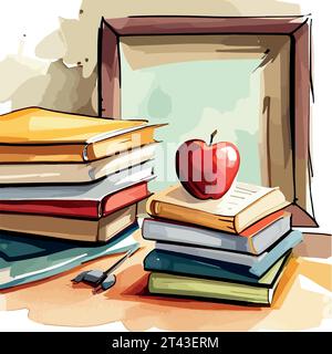 Schule buntes Buch Aquarell Set isoliert auf weißem Hintergrund. Antike Bibliotheksbücher Konzept zurück zur Schule Vektor Illustration Stock Vektor