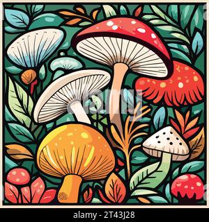 Pilzmuster. Herbst-Naturtapete. Wildwald-Muster. Pilze, psychedelischer Hintergrund. Fantasy-Zauberpilze. Vektorabbildung. Vektorabbildung Stock Vektor