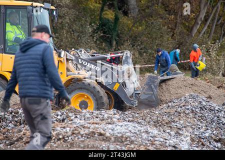 Sassnitz, Deutschland. Oktober 2023. Hunderte von Freiwilligen räumen die Überreste des schweren Ostseesturms an der Promenade auf der Insel Rügen auf. Dutzende Container wurden von den Helfern mit Treibholz, Steinen, Kies oder angewaschenem Sand gefüllt und mit Traktoren und Traktoren vertrieben. Nach Angaben der Stadt wurde die Aktion auch von vielen Unternehmen aus der Region unterstützt, die Fahrzeuge und Ausrüstungen zur Verfügung gestellt hatten. Quelle: Stefan sauer/dpa/Alamy Live News Stockfoto