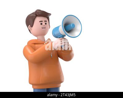 3D-Illustration eines männlichen Guy Qadir mit Megaphone für die Ankündigung, 3D-Rendering auf weißem Hintergrund. Stockfoto