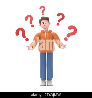 3D-Illustration des denkenden männlichen Guy Qadir umgeben von Fragezeichen.3D-Rendering auf weißem Hintergrund. Stockfoto