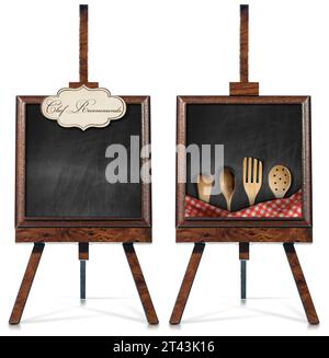Vorlage für Restaurantmenü. Zwei leere Tafeln mit Kopierraum, Holzrahmen, Staffelei, Etikett mit Text, Küchenutensilien aus Holz... Stockfoto