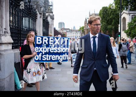 Tobias Ellwood, Abgeordneter, der nach der Sommerpause wieder im Parlament eintraf, debattierte über No Deal Brexit und prorogue. Pro-Brexit-Demonstranten Stockfoto