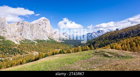 Panoramablick auf ein Tal mit Lärchen in Herbstfarben in den Dolomiten bei Cortina d'Ampezzo, Italien. Stockfoto