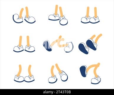 Set Cartoon-Füße in Schuhen. Retor-Stil. Vektorsatz. Isolierte Schuhe, Schrittbewegungen. Stock Vektor
