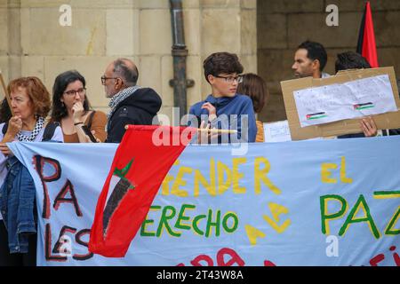 Aviles, Spanien. Oktober 2023. Ein Junge mit der Flagge Marokkos, der während der Demonstration zur Unterstützung Palästinas, Ende des Völkermords, Ende der Besatzung, am 28. Oktober 2023 in Aviles, Spanien, eine Flagge von Palästina aufklebt. (Foto: Alberto Brevers/Pacific Press) Credit: Pacific Press Media Production Corp./Alamy Live News Stockfoto