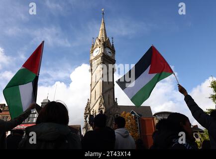 Leicester, Leicestershire, Großbritannien. Oktober 2023. Demonstranten schwenken Flaggen während einer pro-palästinensischen Demonstration. Zehntausende pro-palästinensischer Demonstranten haben sich in London und im ganzen Vereinigten Königreich zu Kundgebungen versammelt, die auf ein Ende der israelischen Angriffe in Gaza drängen. Credit Darren Staples/Alamy Live News. Stockfoto