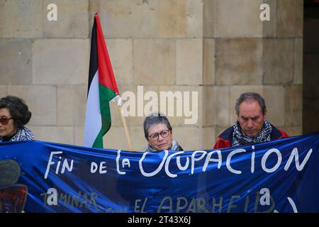 Aviles, Asturien, Spanien. Oktober 2023. Aviles, Spanien, 28. Oktober 2023: Eine Dame trägt die Flagge Palästinas während der Demonstration zur Unterstützung Palästinas, Ende des Völkermordes, Ende der Besatzung, am 28. Oktober 2023 in Aviles, Spanien. (Kreditbild: © Alberto Brevers/Pacific Press via ZUMA Press Wire) NUR REDAKTIONELLE VERWENDUNG! Nicht für kommerzielle ZWECKE! Stockfoto