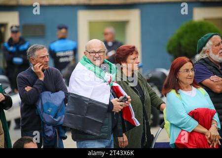 Aviles, Asturien, Spanien. Oktober 2023. Aviles, Spanien, 28. Oktober 2023: Ein Mann, der während der Demonstration zur Unterstützung Palästinas mit der Flagge Palästinas bedeckt war, Ende des Völkermordes, Ende der Besatzung, am 28. Oktober 2023 in Aviles, Spanien. (Kreditbild: © Alberto Brevers/Pacific Press via ZUMA Press Wire) NUR REDAKTIONELLE VERWENDUNG! Nicht für kommerzielle ZWECKE! Stockfoto