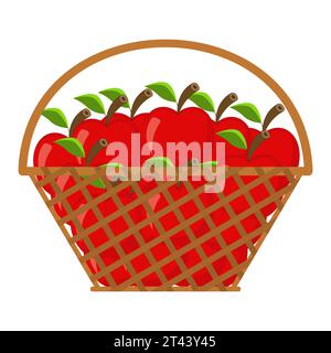 Korb voller roter reifer Äpfel. Helle Früchte mit kleinen Zweigen und Blättern. Vektorillustration auf weißem Hintergrund. Stock Vektor