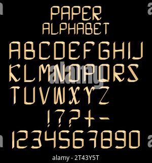 3D-Papieralphabet im Origami-Stil. Aus Papierstreifen gefaltete Buchstaben und Zahlen auf schwarzem Hintergrund. Vektorabbildung. Schriftdesign. Stock Vektor