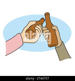 Nahaufnahme Hände Toasten Flasche Bier Illustration Vektor Hand gezeichnet isoliert auf weißem Hintergrund Stock Vektor