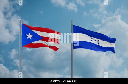 Honduras- und Puerto-Rico-Flaggen winken zusammen im Wind auf blauem bewölktem Himmel, zwei Länder-Beziehungskonzept Stockfoto