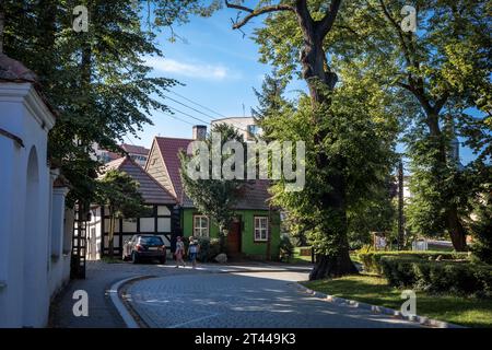 Kamien Pomorski, Polen - 16. September 2023: Traditionelle pommersche Architektur. Wattle and Daub House und ein grünes Cottage am Cathedral Square. Stockfoto