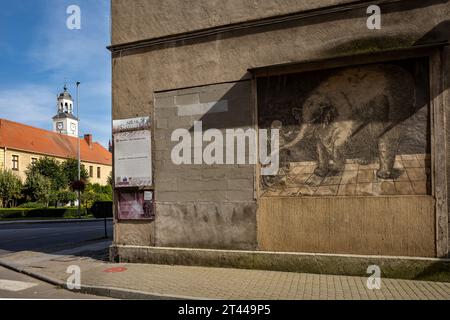 Trzebiatow, Polen - 18. September 2023: Alter Sgraffito mit Elefanten an der Mauer im historischen Stadtzentrum. Stockfoto