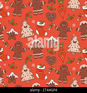 Weihnachtliches, nahtloses Muster. Trendige Retro-Zeichentrickfiguren Lebkuchenmann, Kekse, Baum, Weihnachtsstrumpf und Spielzeugkugeln auf rotem Hintergrund. Vec Stock Vektor