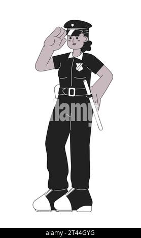 Polizistin grüßt Schwarzweiß-Zeichentrickfilm-flache Illustration Stock Vektor