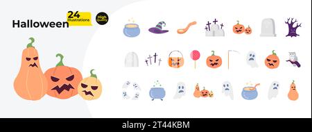Halloween gruselige 2D-Zeichentrickobjekte im Paket Stock Vektor