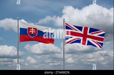 Britische und slowakische Flaggen winken zusammen im Wind auf blauem bewölktem Himmel, zwei Länder-Beziehungskonzept Stockfoto