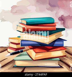 Zurück zur Schule stapeln sich High-Books auf weißem Hintergrund. Handgefertigte Skizze. Postkarte zum Drucken. Aquarellvektor-Illustration. Stock Vektor