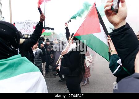 London, Großbritannien. Am 28. Oktober 2023 schätzten Hunderttausende in Zentral-London in Solidarität mit Palästina/Gaza, die #ceasefirenow forderten. Gegen 14:30 Uhr widersetzte sich ein Kontingent einem Befehl der Polizei, der Sektion 12 befohlen hatte, indem er sich von der verbotenen marschroute abbrach, um zur Waterloo Station zu fahren, auf dem Boden zu sitzen und ihren Protest fortzusetzen. Anderswo überquerten die Menschenmassen Waterloo und Westminster Bridges, erstarrten sie und skandierten als Teil der anhaltenden Proteste gegen die sich entwickelnde Situation in Israel/Gaza/Westbank/Palästina. © Simon King/Alamy Live News Stockfoto