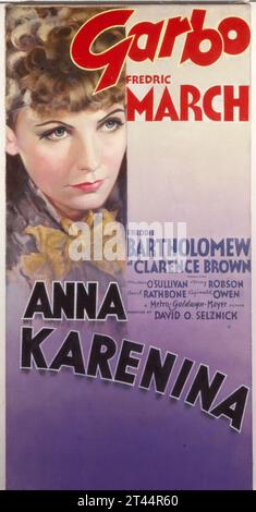 Filmplakat für den Film Anna Karenina aus dem Jahr 1935 nach dem Roman von Leo Tolstoi. Regie führte Clarence Brown mit Greta Garbo, Frederic March, Basil Rathbone und Maureen O’Sullivan. Stockfoto