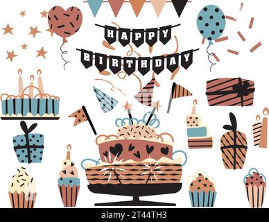 Set mit festlichen Geburtstagselementen, Kuchen, Cupcakes, Bälle, Feuerwerk, Geschenke, Fahnen, Bonbons. Vektorgrafiken zum Geburtstag, für Kartendesign, Papierdesig Stock Vektor
