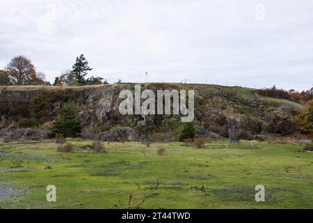 Senken Sie die Batterie an der Fort Rodd Hill & Fisgard Lighthouse National Historic Site in Victoria, British Columbia, Kanada Stockfoto