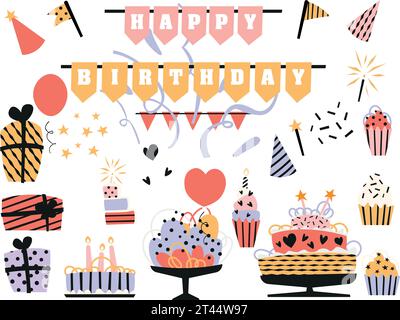 Set mit Feiertagselementen. Vektor. Geburtstag. Weihnachtsaccessoires für die Gestaltung von Karten, Papier, Einladung. Stock Vektor