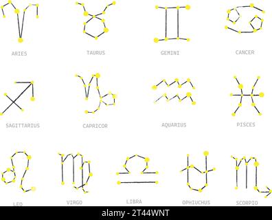 Horoskop, Satz aller Sternzeichen im Sternenstil. Sammlung von Sternzeichen. Vektor auf transparentem Hintergrund Stock Vektor