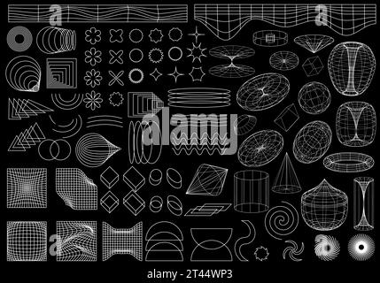 Geometrische Drahtmodellformen. Abstrakte Hintergründe, Muster, Cyberpunk-Elemente in einem modischen psychedelischen Rave-Stil. Retro-futuristische Ästhetik von Stock Vektor