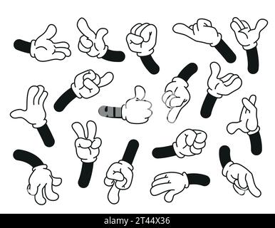 Set Cartoon-Hände. Hände in Handschuhen zeigen einfache Emotionen und Gesten. Sammlung von Clipart-Ausdrücken. Vektorgliedmaßen, Handflächen und Fäuste Stock Vektor