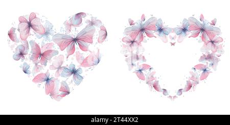 Schmetterlinge sind rosa, blau, lila, fliegende Schmetterlinge, zart mit Flügeln und Farbspritzern. Handgezeichnete Aquarellillustration. Zusammensetzung, Rahmen im Stockfoto