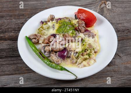 Traditionelle türkische Küche aus dem Osmanischen Reich. Tave Kosi ist ein nationales albanisches Gericht aus gebackenem Lamm und Reis mit Joghurt aus der Nähe Stockfoto