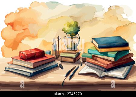 Aquarelle Schulhintergrund Vintage Bücherstapel und Schulbedarf. Schulkonzeptsillustrierung. Vektordarstellung zum Thema Bildung. Stock Vektor